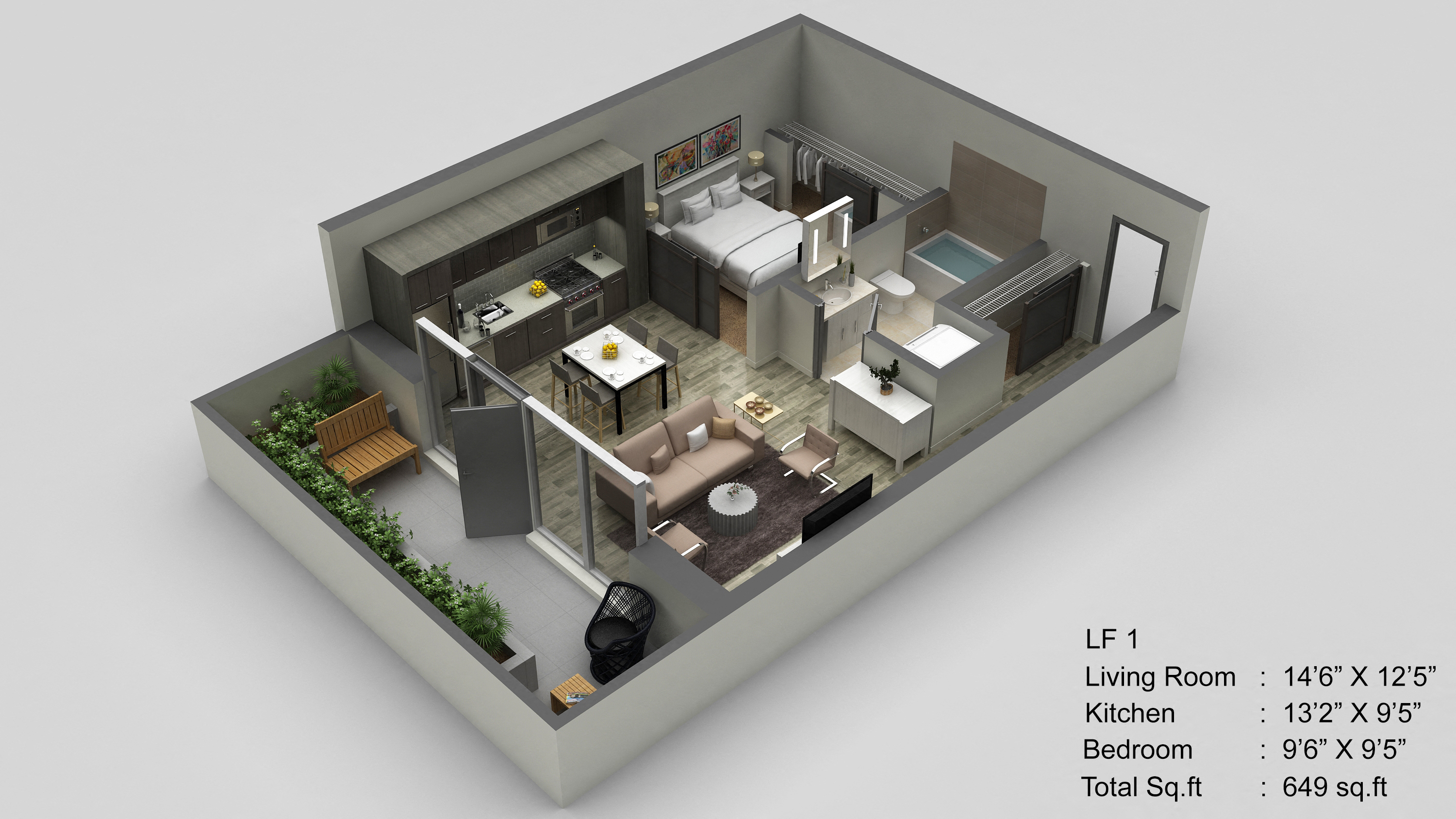 Floor plan for 1 bed, 1 bath, 649 sqft